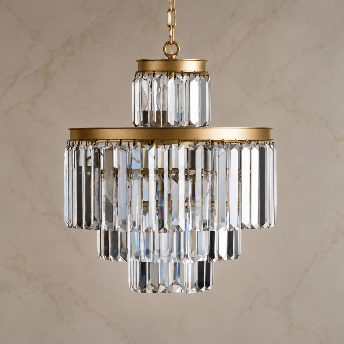 Odette K9 crystal tiered chandelier size 2 in gold, light off
