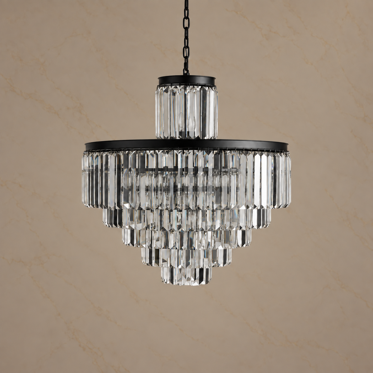 Odette K9 crystal tiered chandelier size 3 in black, light off