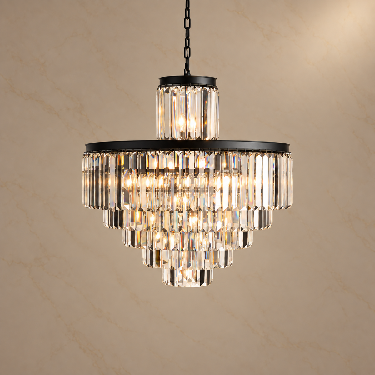 Odette K9 crystal tiered chandelier size 3 in black, light on
