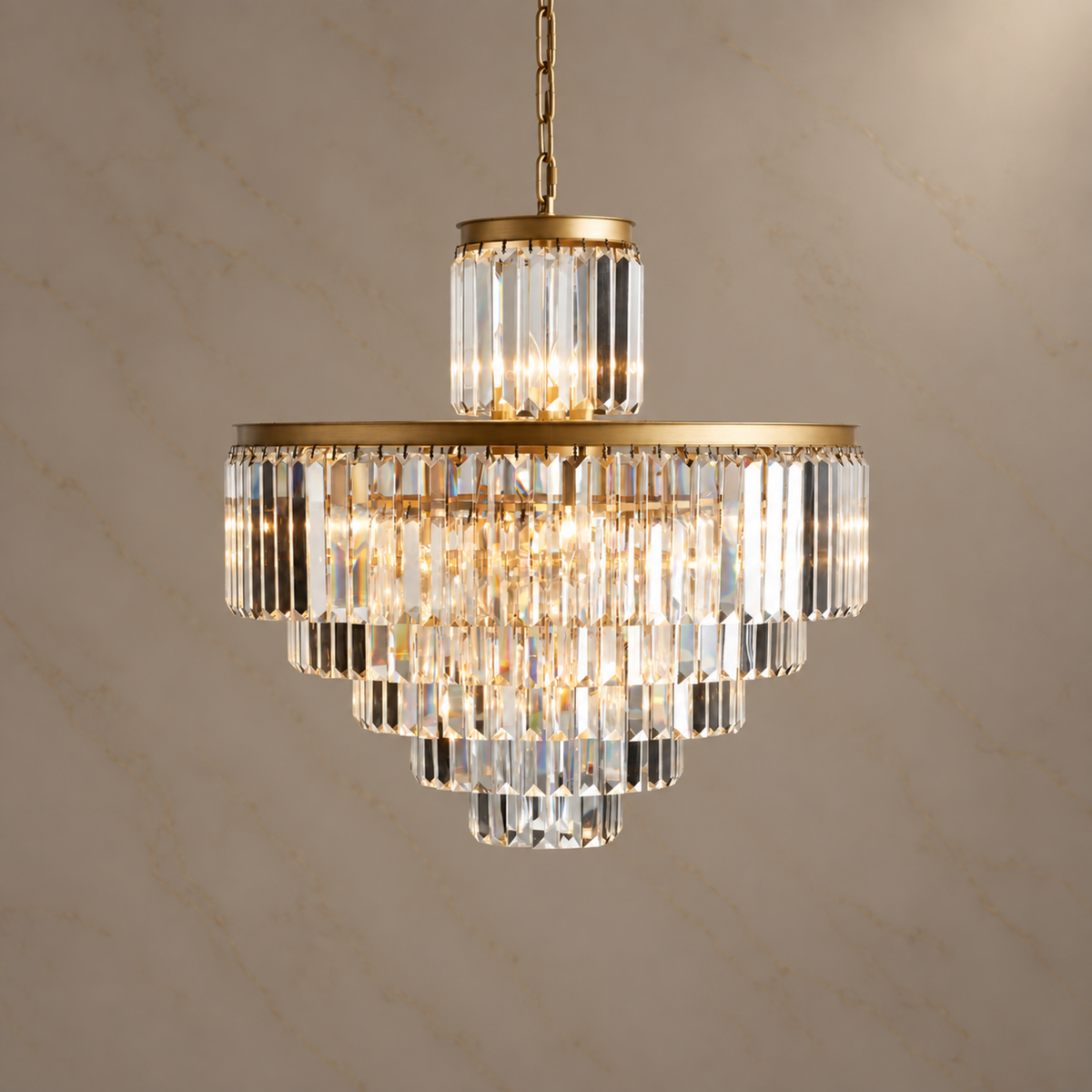 Odette K9 crystal tiered chandelier size 3 in gold, light on