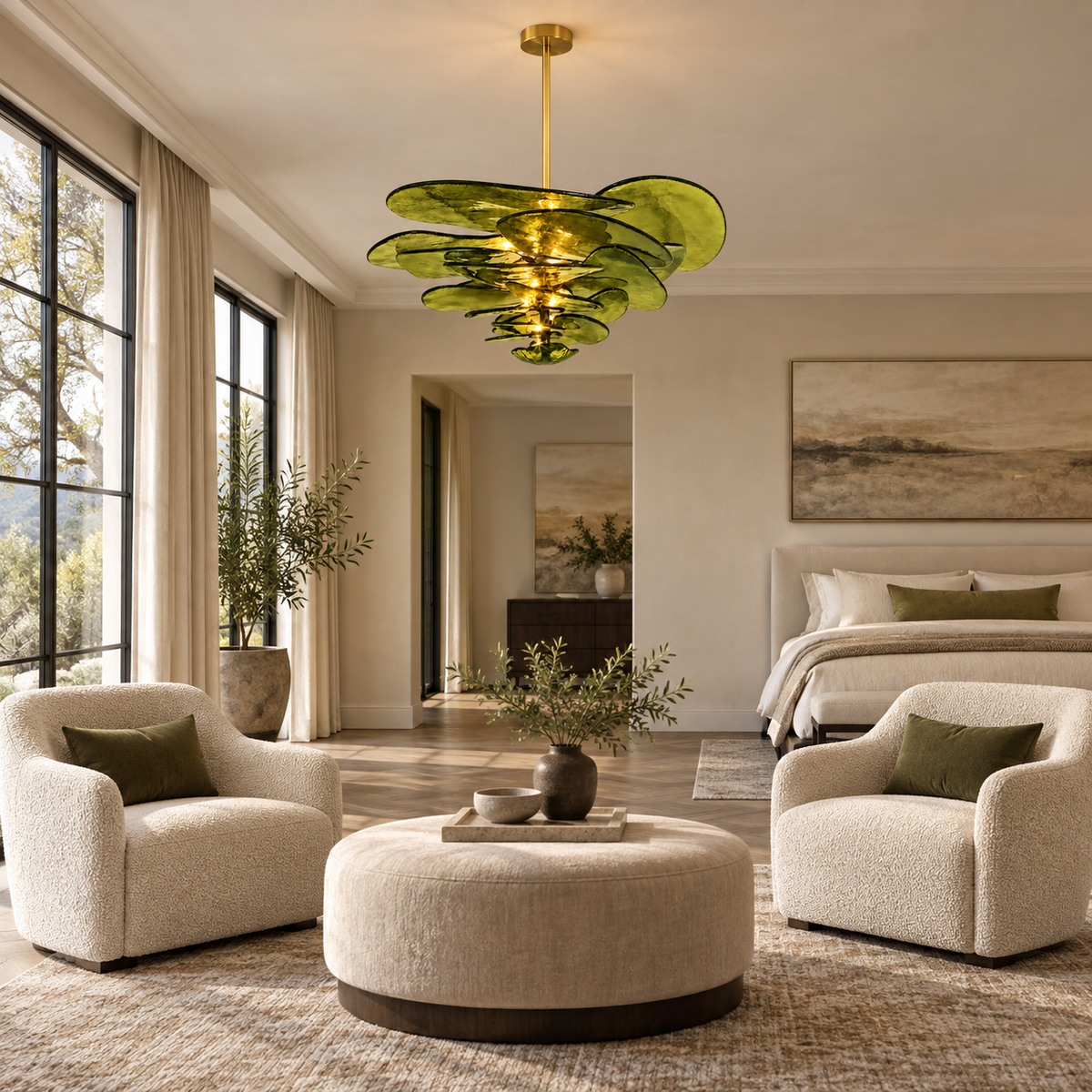 olive glass plate tiered chandelier bedroom sitting area scene