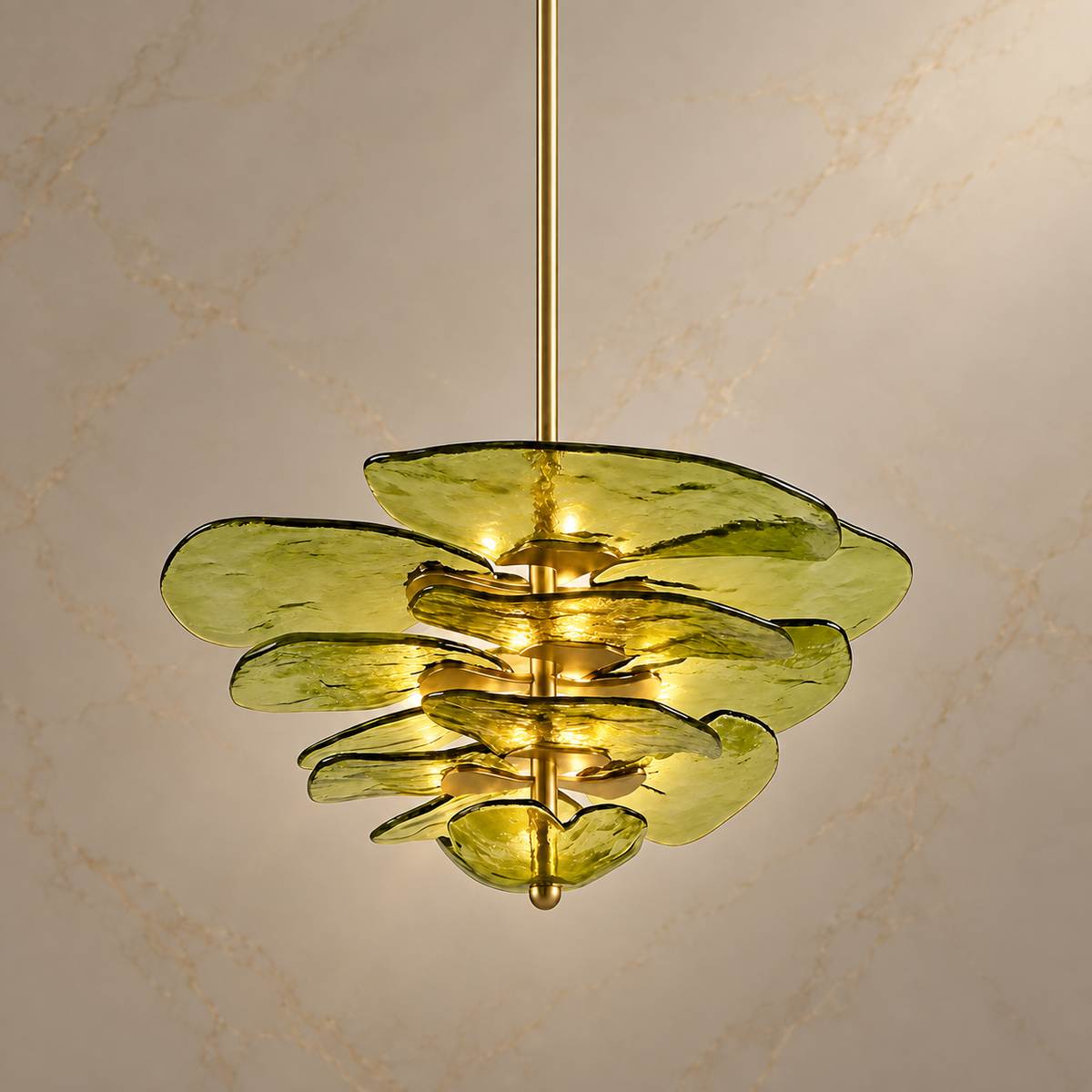 olive glass plate tiered chandelier brass 67x29cm light on