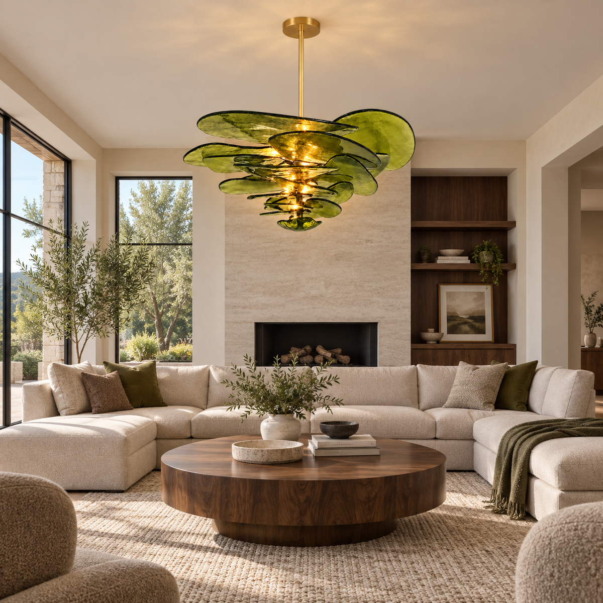 olive glass plate tiered chandelier living room scene