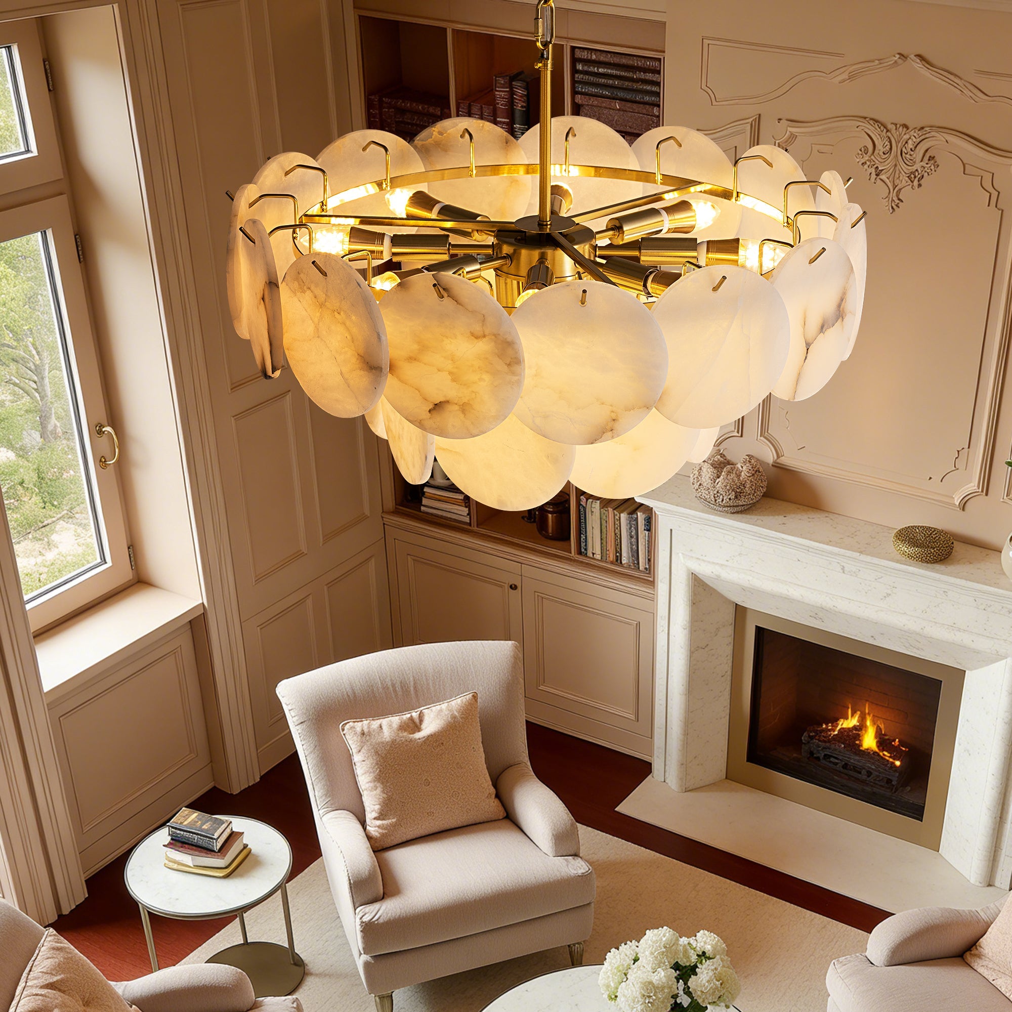 orlisse-modern-luxury-brass-alabaster-double-tier-disc-chandelier-above-living-room-carra-home
