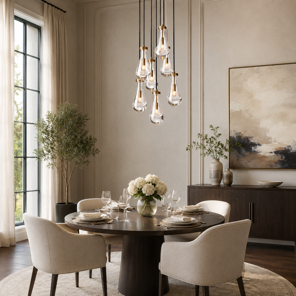 Raindrop Glass Round Chandelier high ceiling dining room