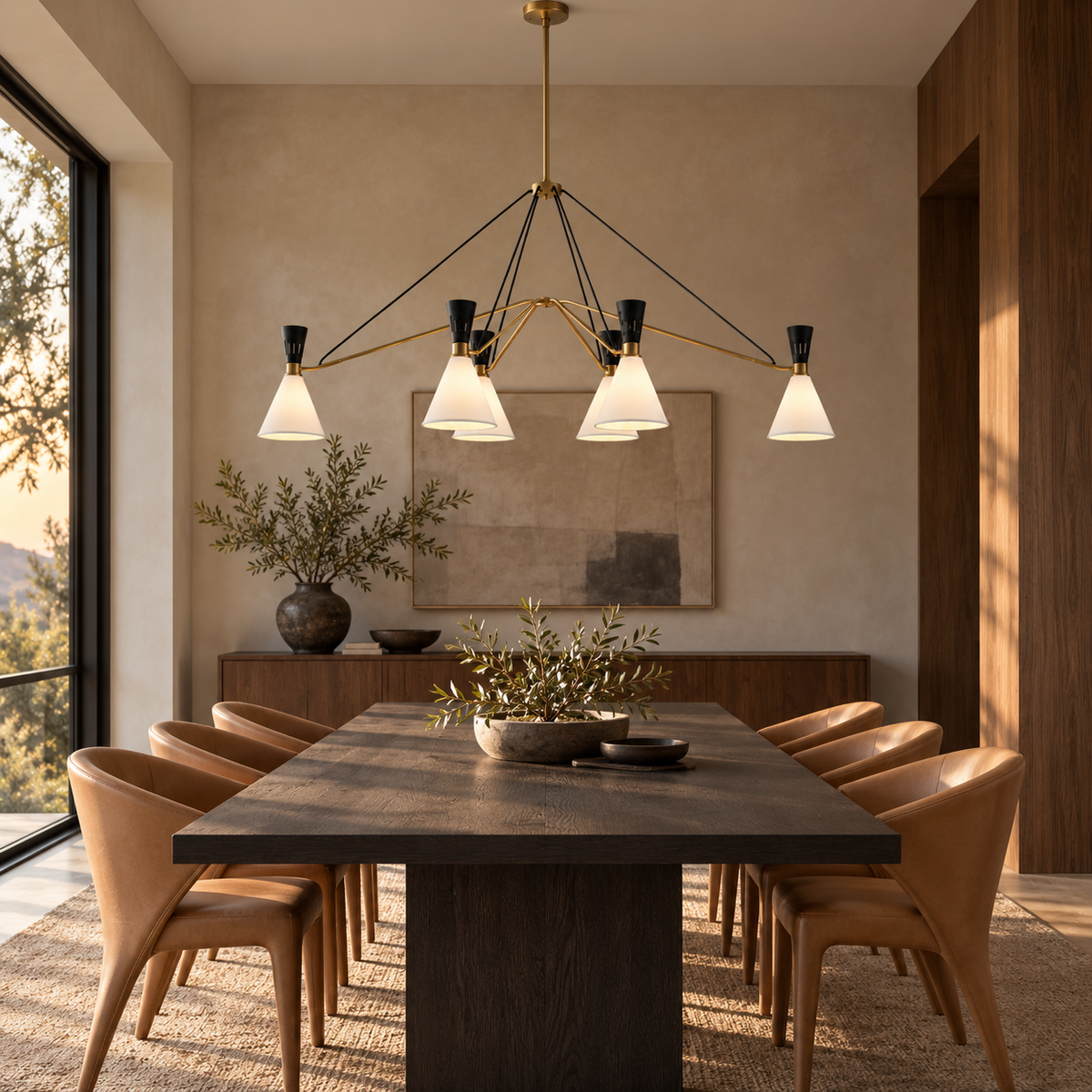 Ramsey six-light chandelier above a dark wood dining table in a modernist dining room | CARRA HOME