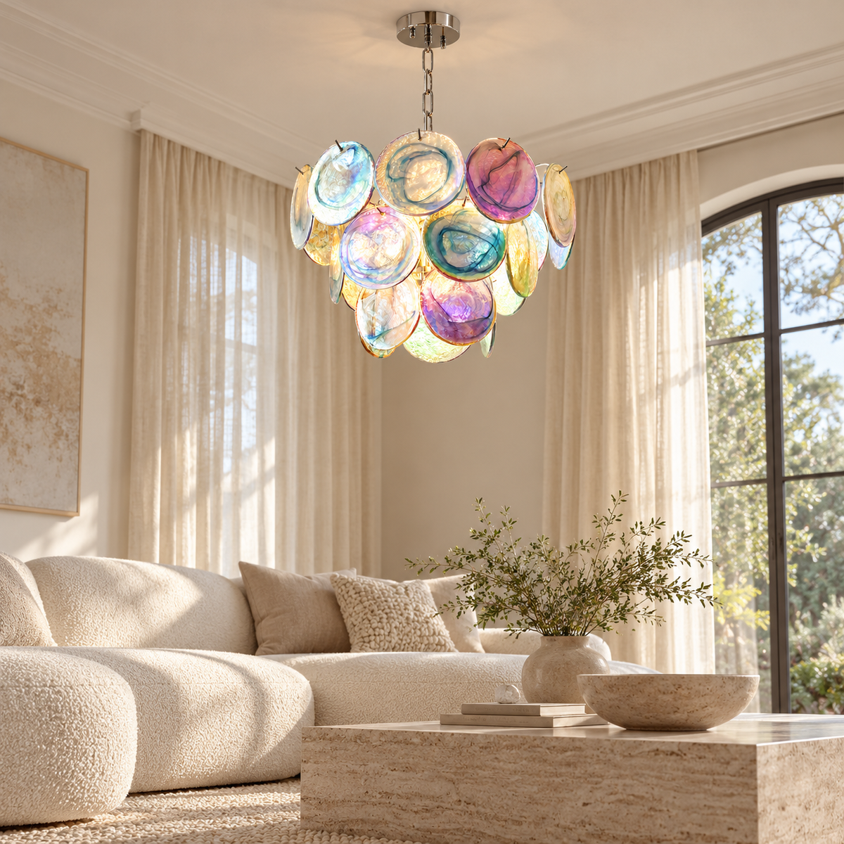 Roselle Colorful Glass Disc Cluster Chandelier, colorful living room | CARRA HOME