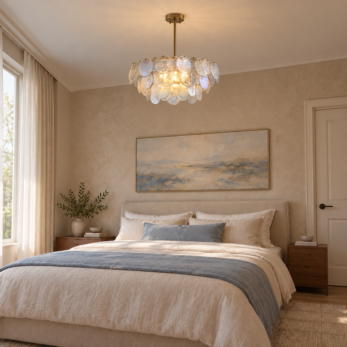 Roselle Iridescent Glass Disc Chandelier, 80cm with 35cm body and 30cm fixed rod in a proportioned bedroom interior | CARRA HOME