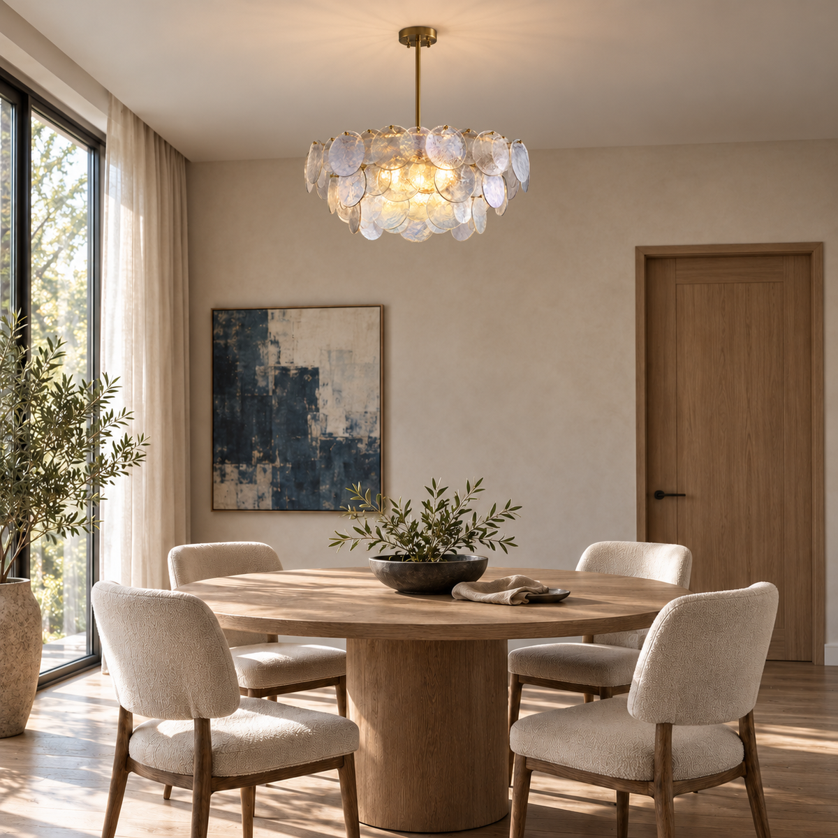 Roselle Iridescent Glass Disc Chandelier, 80cm with 35cm body and 30cm fixed rod in a proportioned dining interior | CARRA HOME