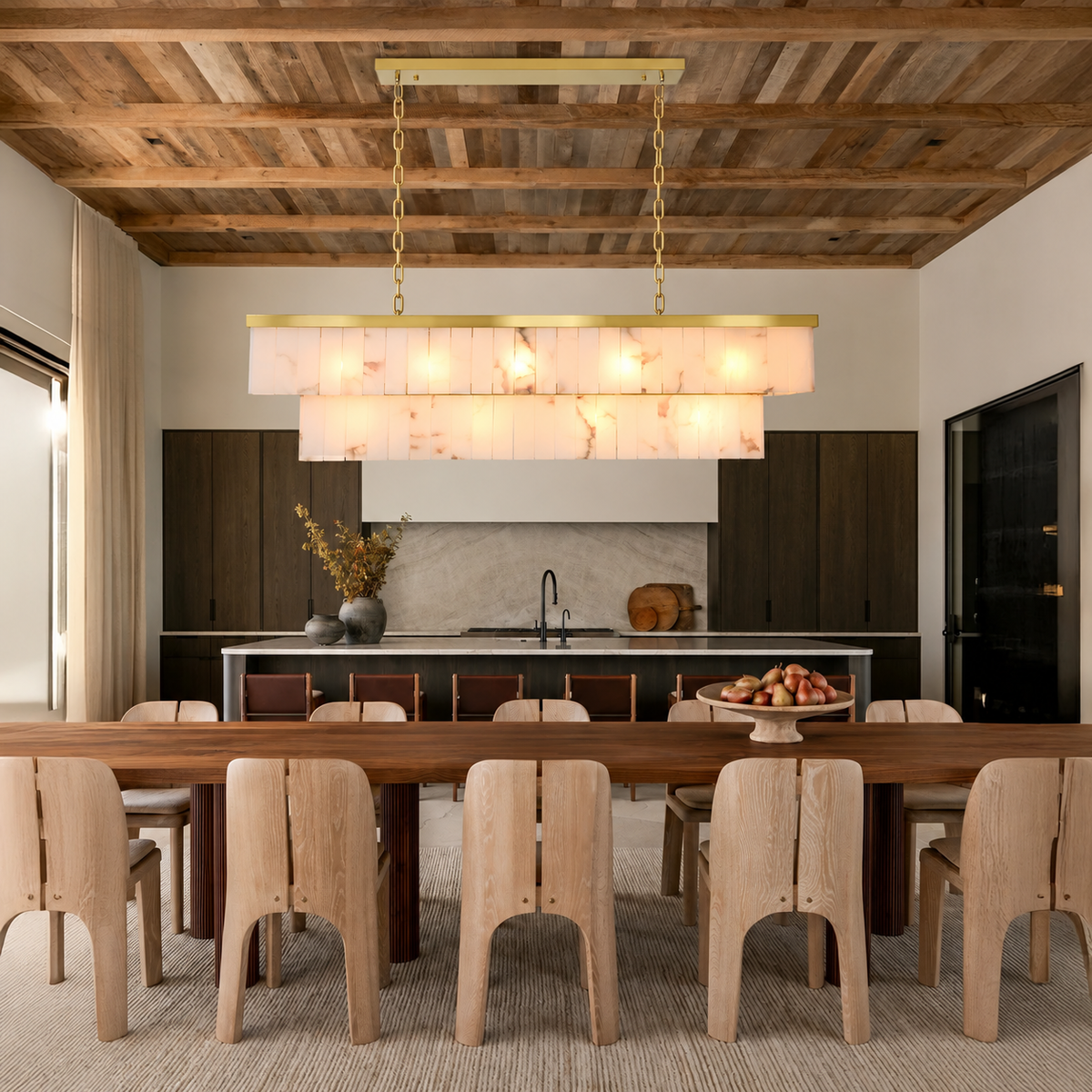 Saloren Alabaster Double Linear Chandelier with gold chain suspension in dining room | CARRA HOME