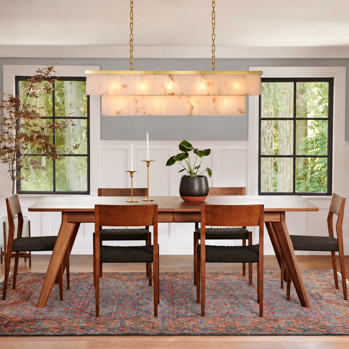 Saloren Alabaster Double Linear Chandelier with gold chain suspension in dining room window | CARRA HOME