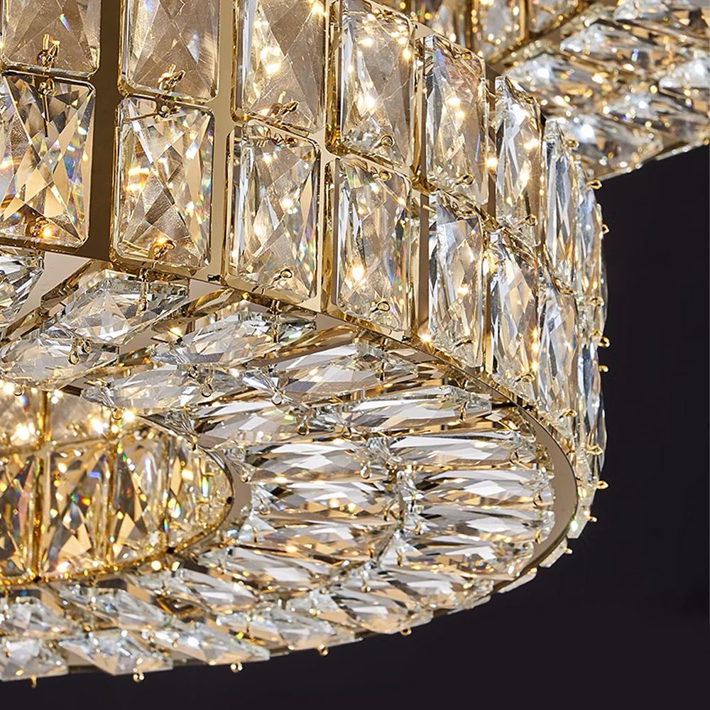 Extreme close-up of Selene’s dual-ring structure — cascading crystal layers, adjustable suspension cables, and seamless gold-plated metal framework | Carra Home