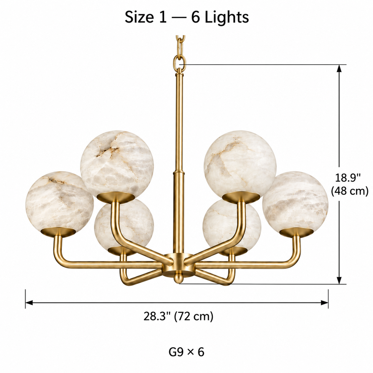 Astera alabaster globe chandelier, Size 1, 6 lights, D 72 cm × H 48 cm dimension diagram | CARRA HOME