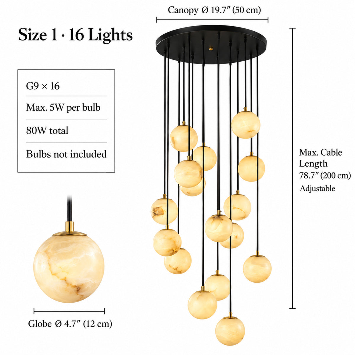 Celestelle Alabaster Globe Cluster Chandelier, 16 lights size diagram: 50 cm canopy, 12 cm globes, 200 cm adjustable cables | CARRA HOME