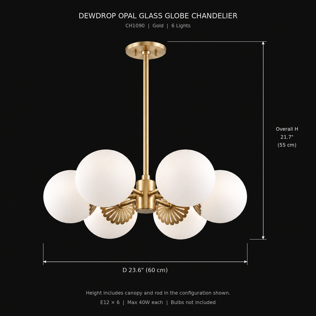 Dewdrop opal glass globe chandelier dimensions: diameter 23.6 inches (60 cm), overall height 21.7 inches (55 cm), E12 x 6 | CARRA HOME