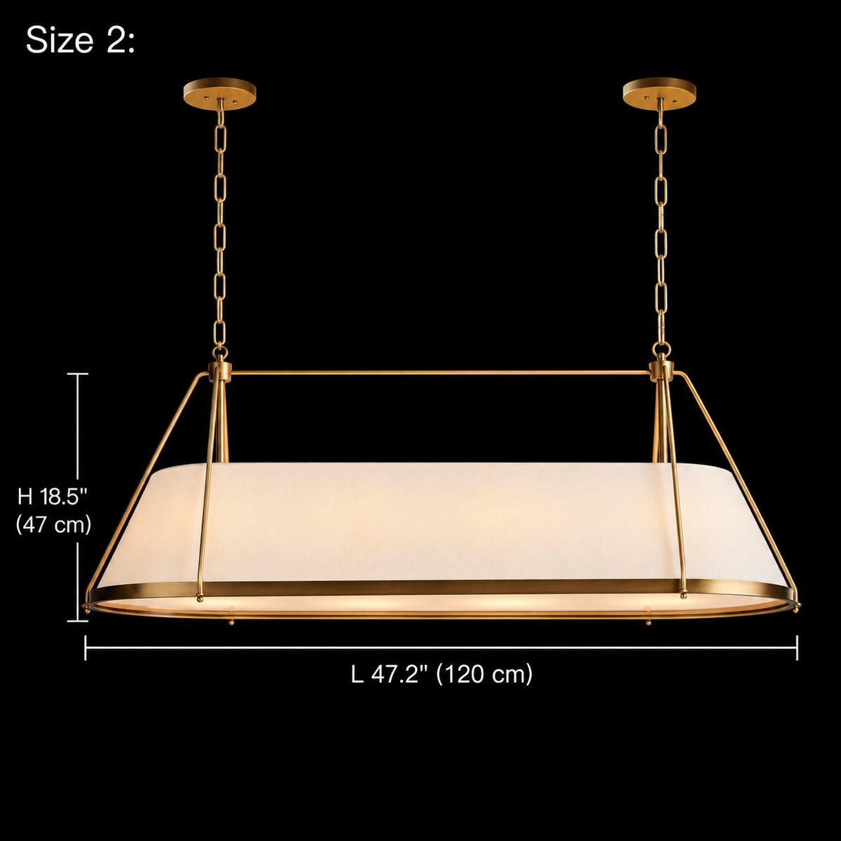 Ellery Linen Tapered Linear Chandelier, Gold Size 2, 120 cm body length and 47 cm body height with two round canopies | CARRA HOME