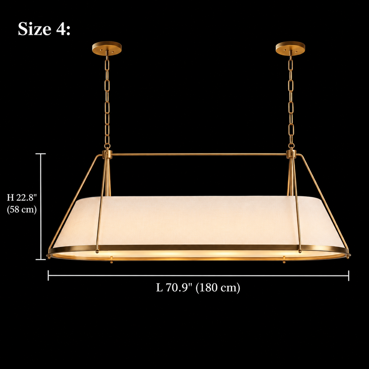 Ellery Linen Tapered Linear Chandelier, Gold Size 4, 180 cm body length and 58 cm body height with two round canopies | CARRA HOME
