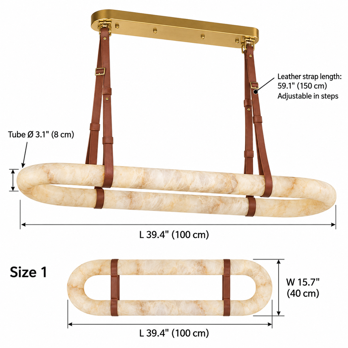 Elwin alabaster leather oval chandelier Size 1, L 100 cm x W 40 cm, tube diameter 8 cm, 150 cm adjustable leather straps | CARRA HOME