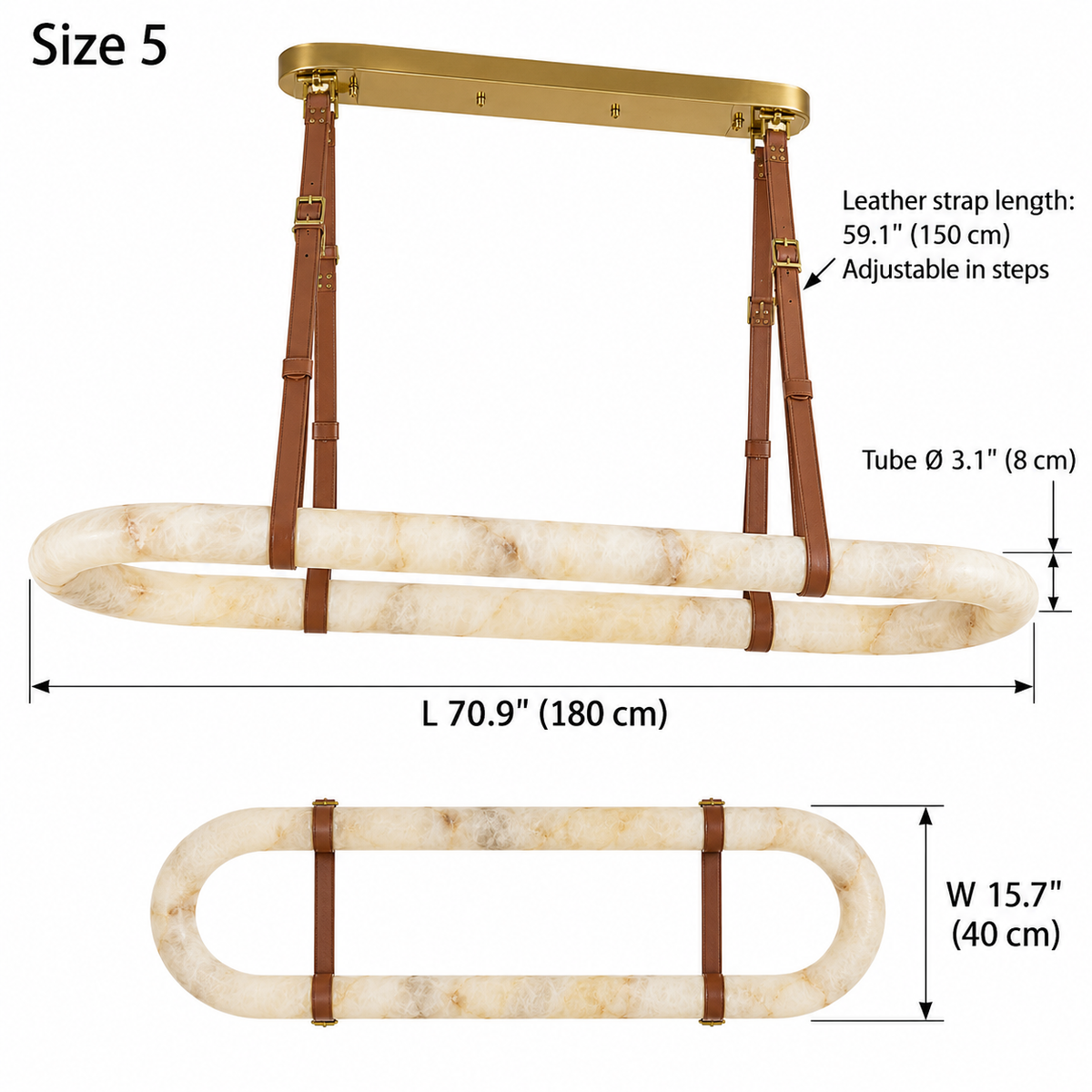 Elwin alabaster leather oval chandelier Size 5, L 180 cm x W 40 cm, tube diameter 8 cm, 150 cm adjustable leather straps | CARRA HOME