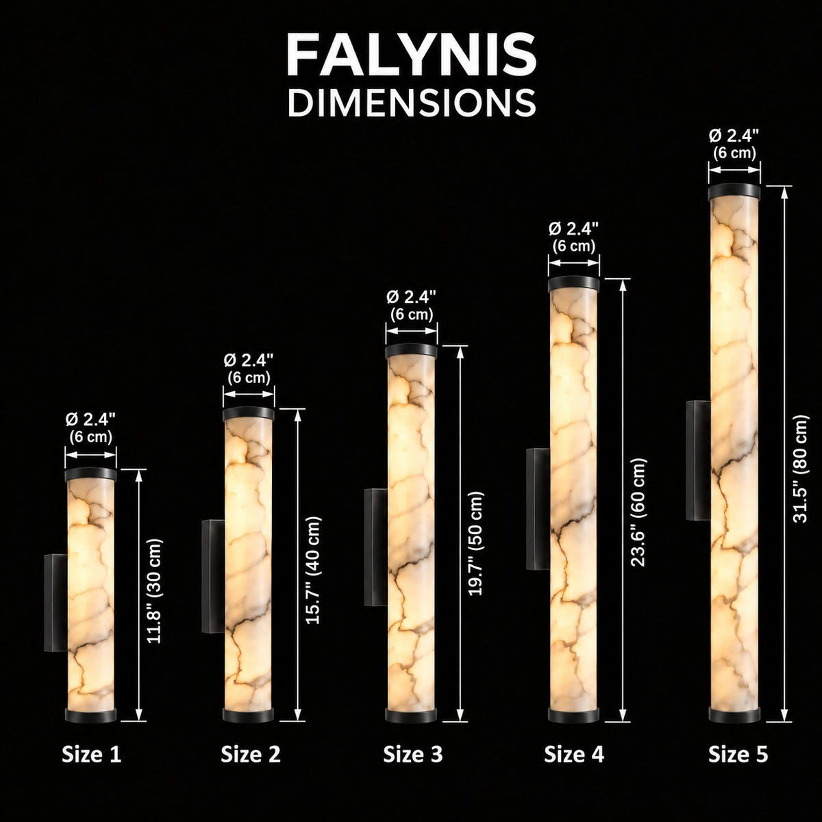 falynis alabaster cylinder wall sconce black background dimension chart with individual measurement arrows; diameter 6 cm; heights 30, 40, 50, 60, 80 cm | CARRA HOME