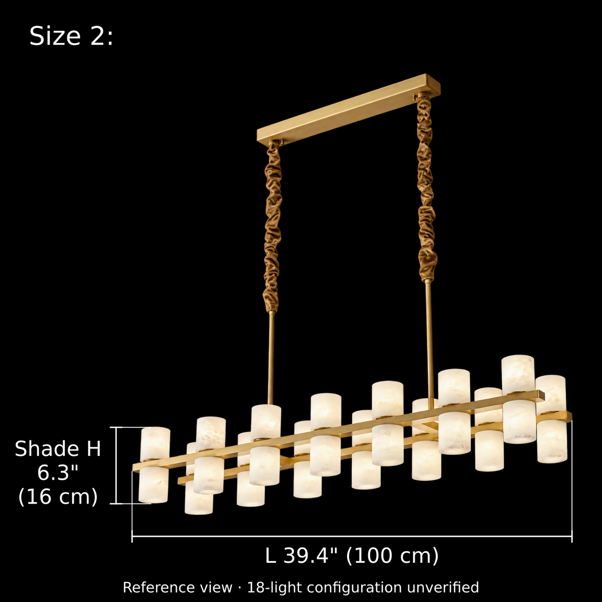 Size 2 dimension diagram of the Filari alabaster cylinder linear chandelier, L 39.4 inches (100 cm), individual shade H 6.3 inches (16 cm), full Gold canopy and fabric sleeves, reference view with fixture details varying by size, Carra Home lighting.; Reference view, configuration unverified | CARRA HOME