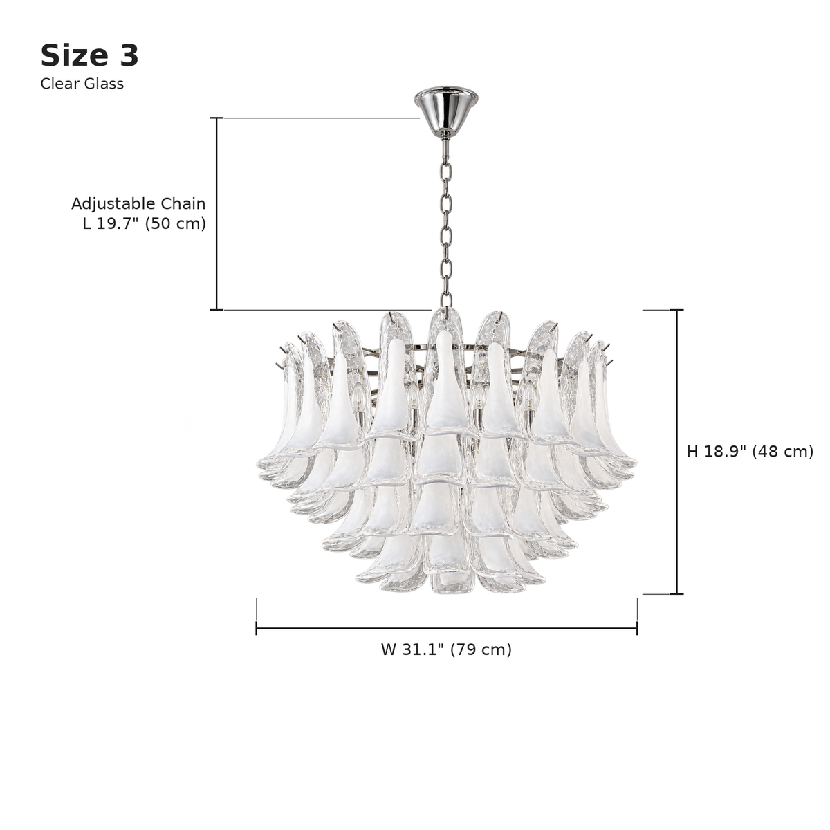 Florielle clear glass chandelier 79 cm, Size 3 dimensions, adjustable chain | CARRA HOME