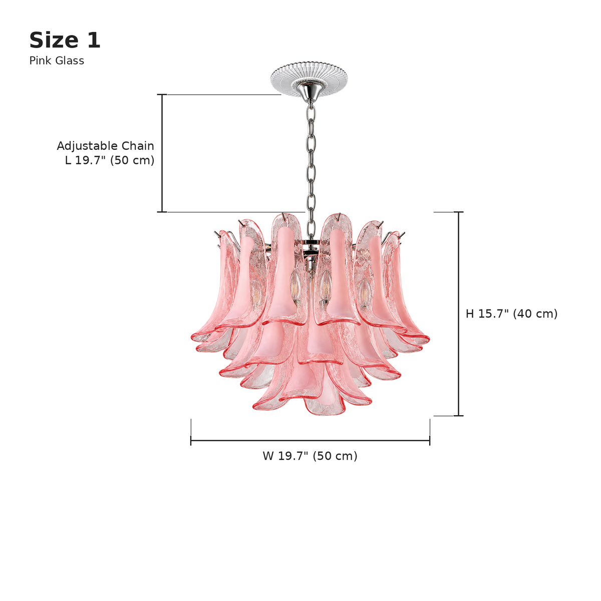 Florielle pink glass chandelier 50 cm, Size 1 dimensions, adjustable chain | CARRA HOME