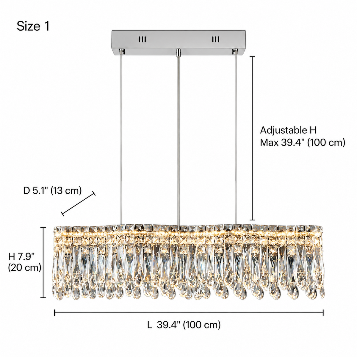 size flow crystal linear chandelier chrome 100cm dimensions