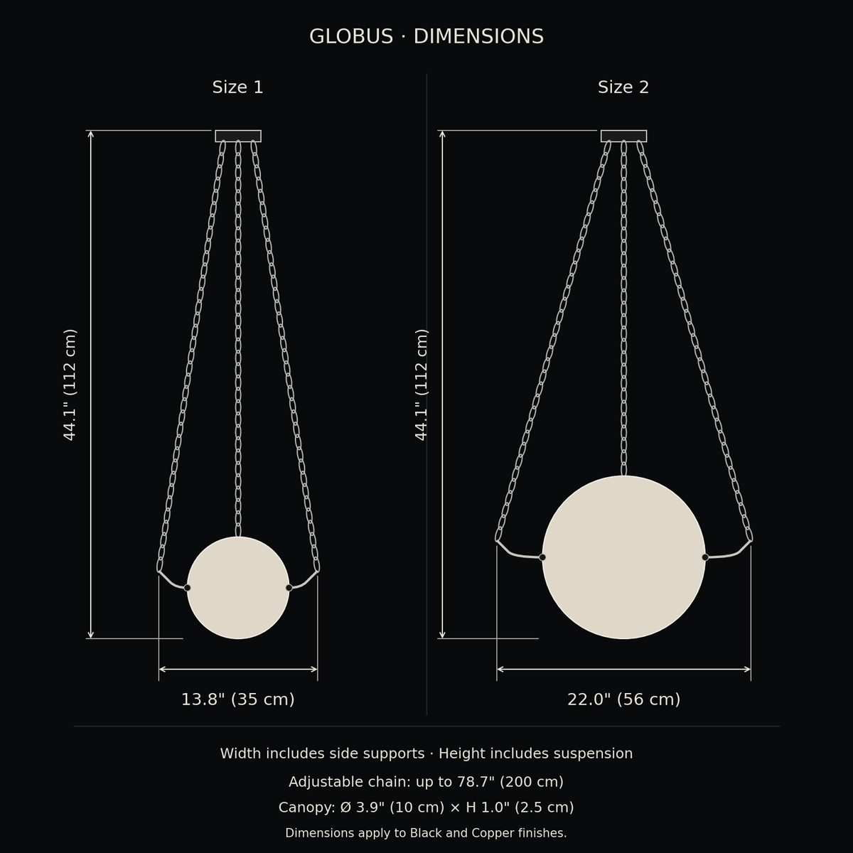 Globus Alabaster Globe Pendant Light 35 cm and 56 cm dimension drawing | CARRA HOME