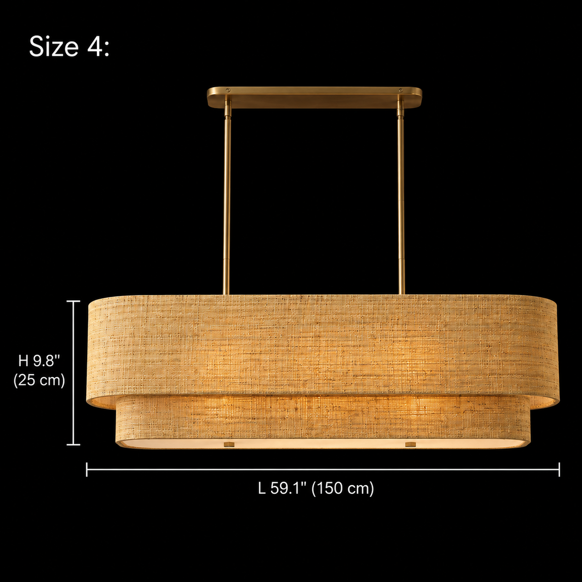 Laren Natural Fiber Layered Linear Chandelier, Seagrass Size 4, body L 59.1 in (150 cm) and H 9.8 in (25 cm) | CARRA HOME