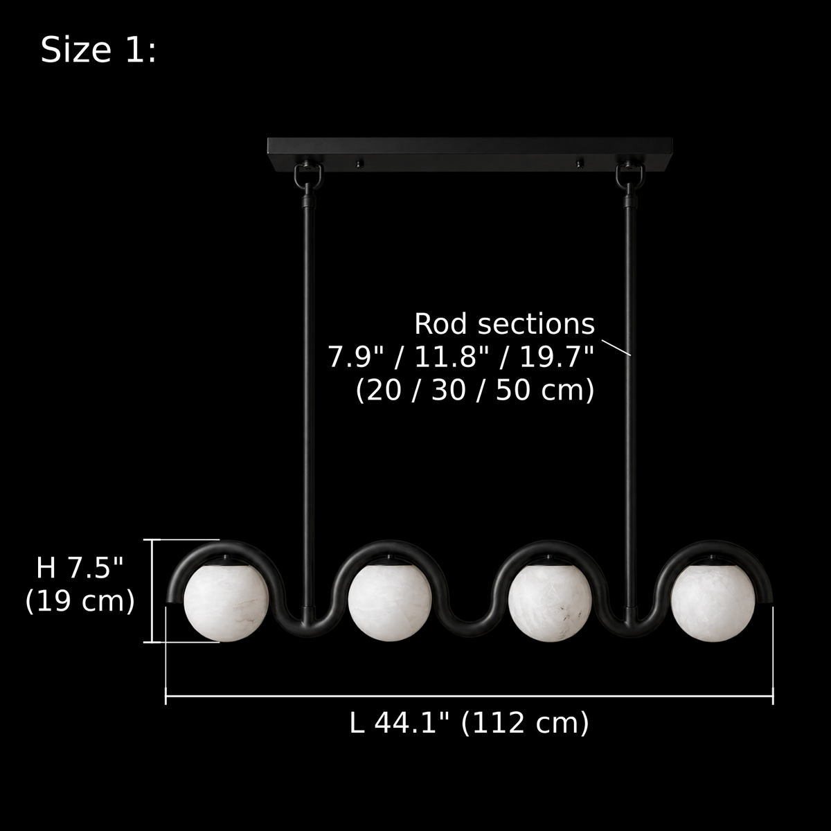 Lenox Alabaster Wave Linear Chandelier Size 1 Black dimension diagram, L 44.1" (112 cm), H 7.5" (19 cm), Rod sections 7.9 / 11.8 / 19.7 in (20 / 30 / 50 cm) | CARRA HOME
