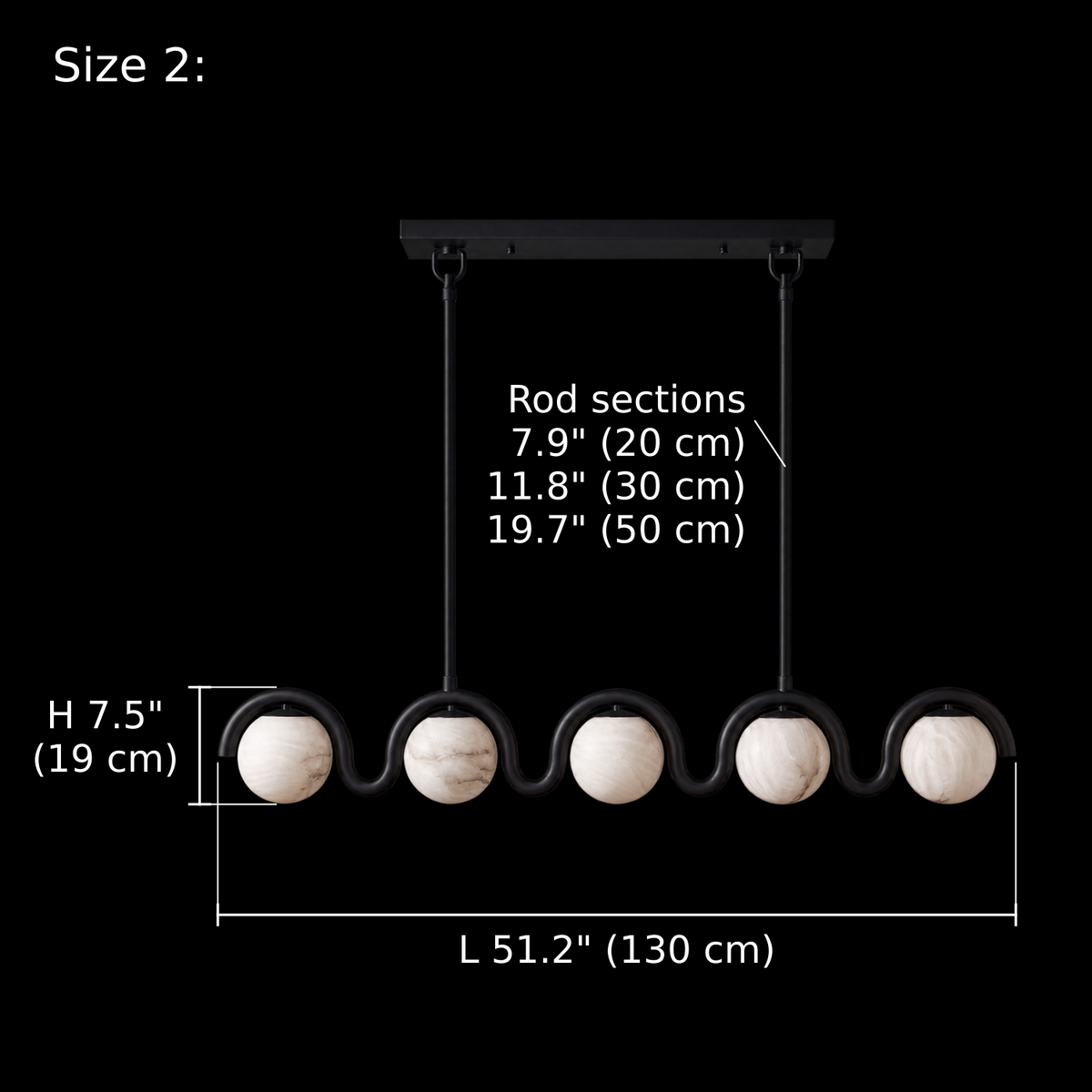 Lenox Alabaster Wave Linear Chandelier Size 2 Black dimension diagram, L 51.2" (130 cm), H 7.5" (19 cm), Rod sections 7.9 / 11.8 / 19.7 in (20 / 30 / 50 cm) | CARRA HOME