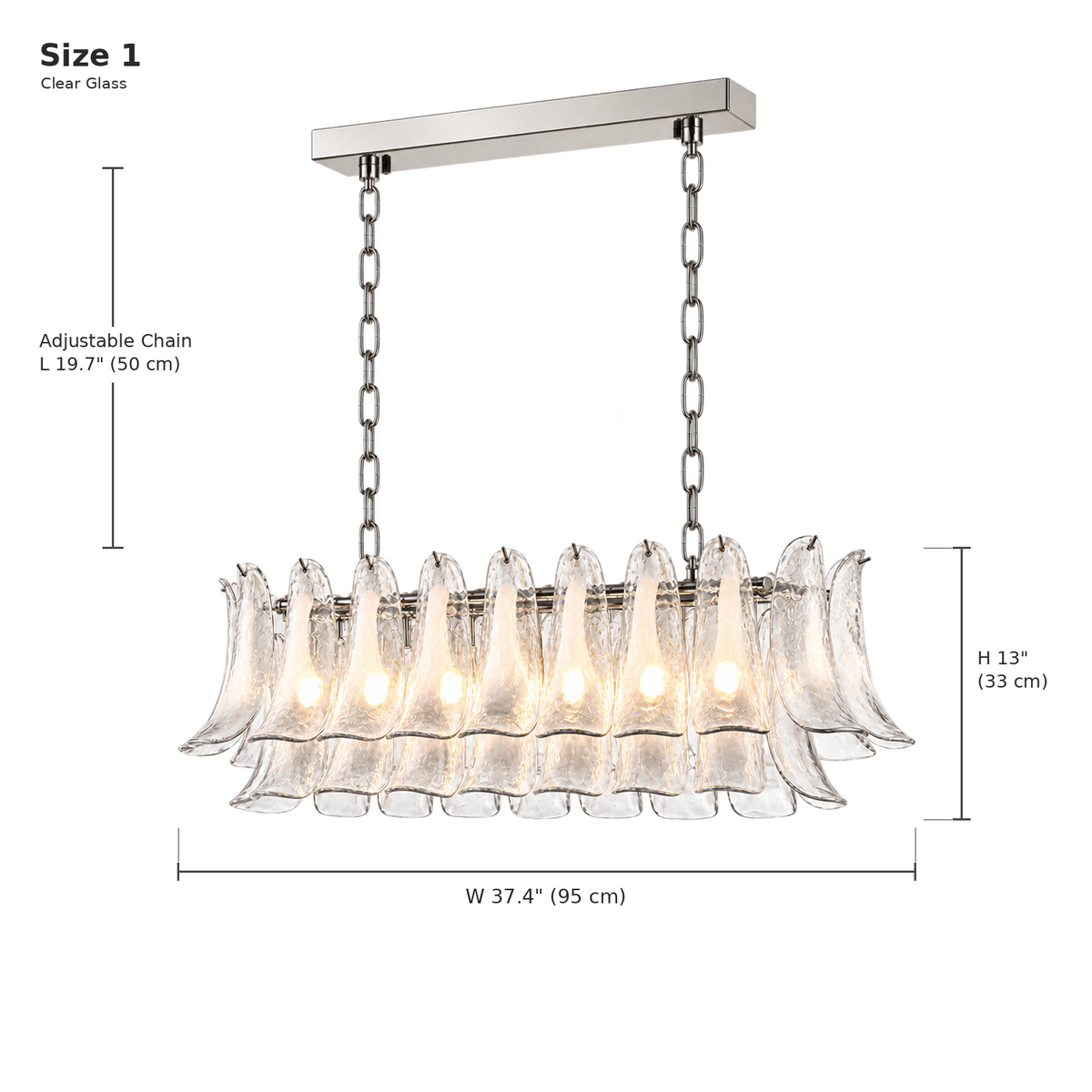 Liora clear glass petal linear chandelier dimensions, Size 1, adjustable chain | CARRA HOME