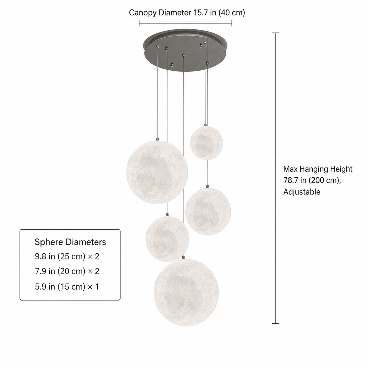 Nami glass sphere staircase chandelier 5-light dimensions