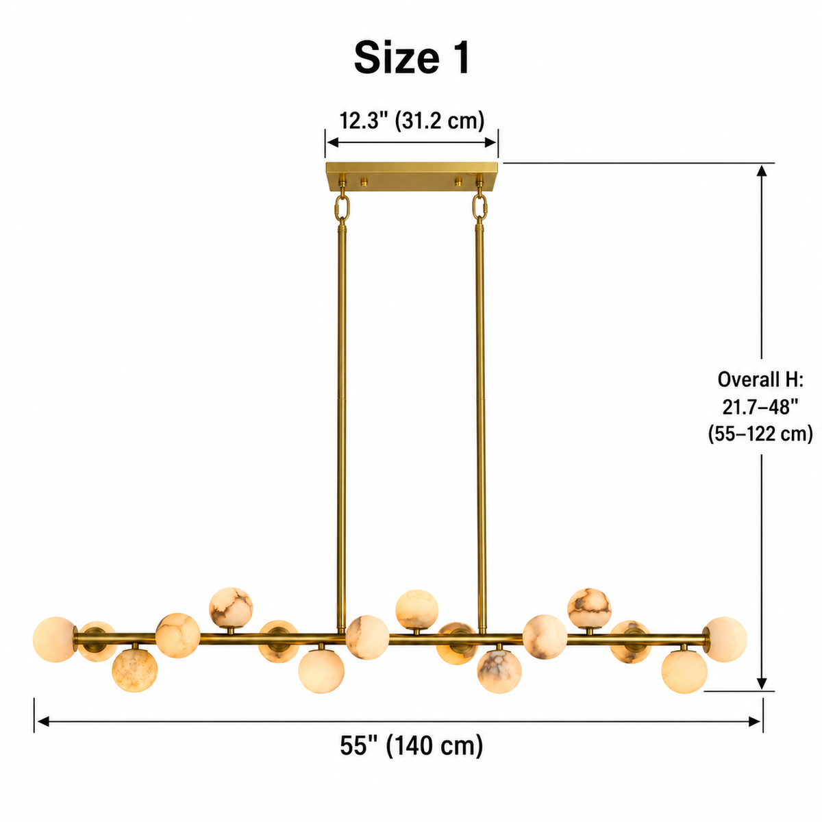 size orbelia alabaster globe linear chandelier gold 140cm