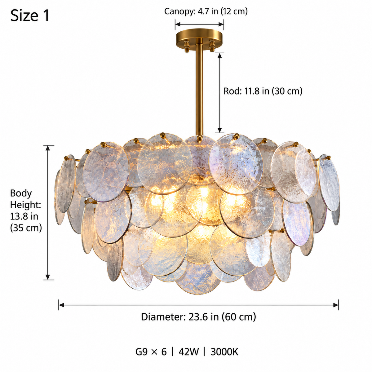 Roselle Iridescent Glass Disc Chandelier, Size 1, 60cm diameter, 35cm body, 30cm fixed rod, G9 x 6 | CARRA HOME
