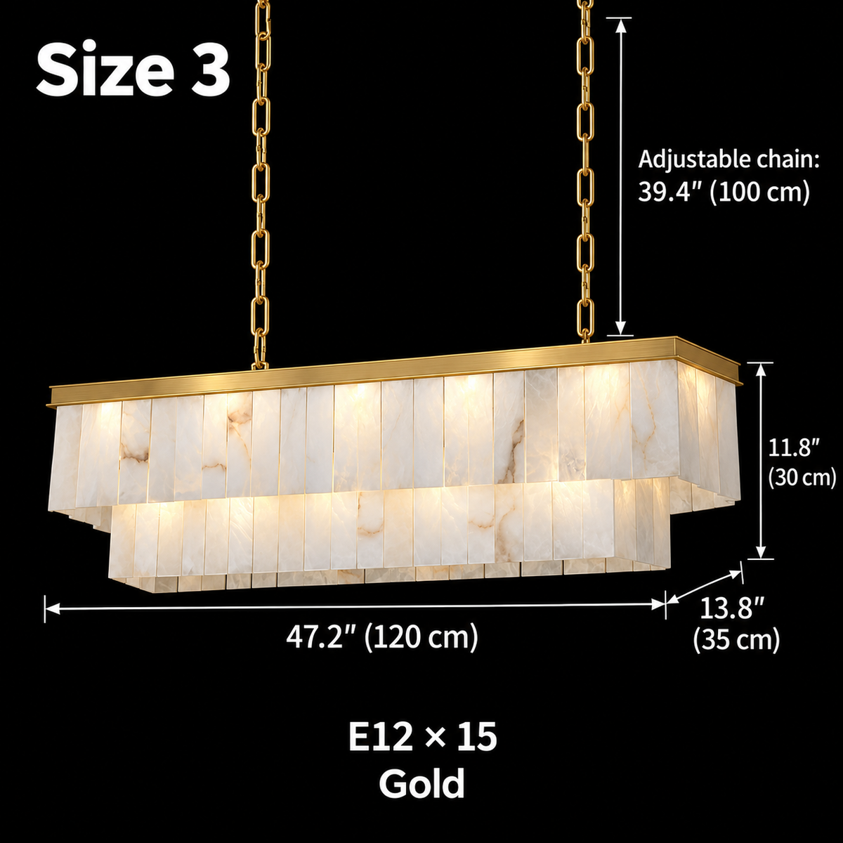 Size 3, Saloren Alabaster Double Linear Chandelier, gold, 120 x 35 x 30 cm body, adjustable 100 cm chains, E12 x 15 | CARRA HOME