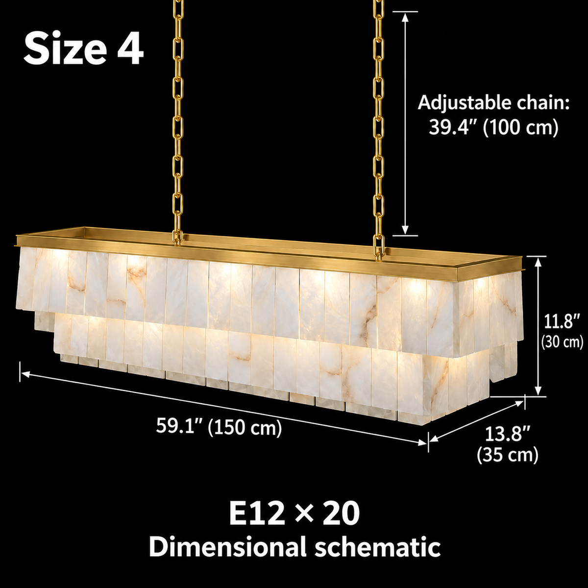 Size 4, Saloren Alabaster Double Linear Chandelier, gold, 150 x 35 x 30 cm body, adjustable 100 cm chains, E12 x 20, dimensional schematic | CARRA HOME