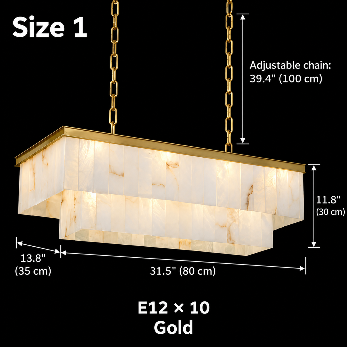Size 1, Saloren Alabaster Double Linear Chandelier, gold, 80 x 35 x 30 cm body, adjustable 100 cm chains, E12 x 10 | CARRA HOME