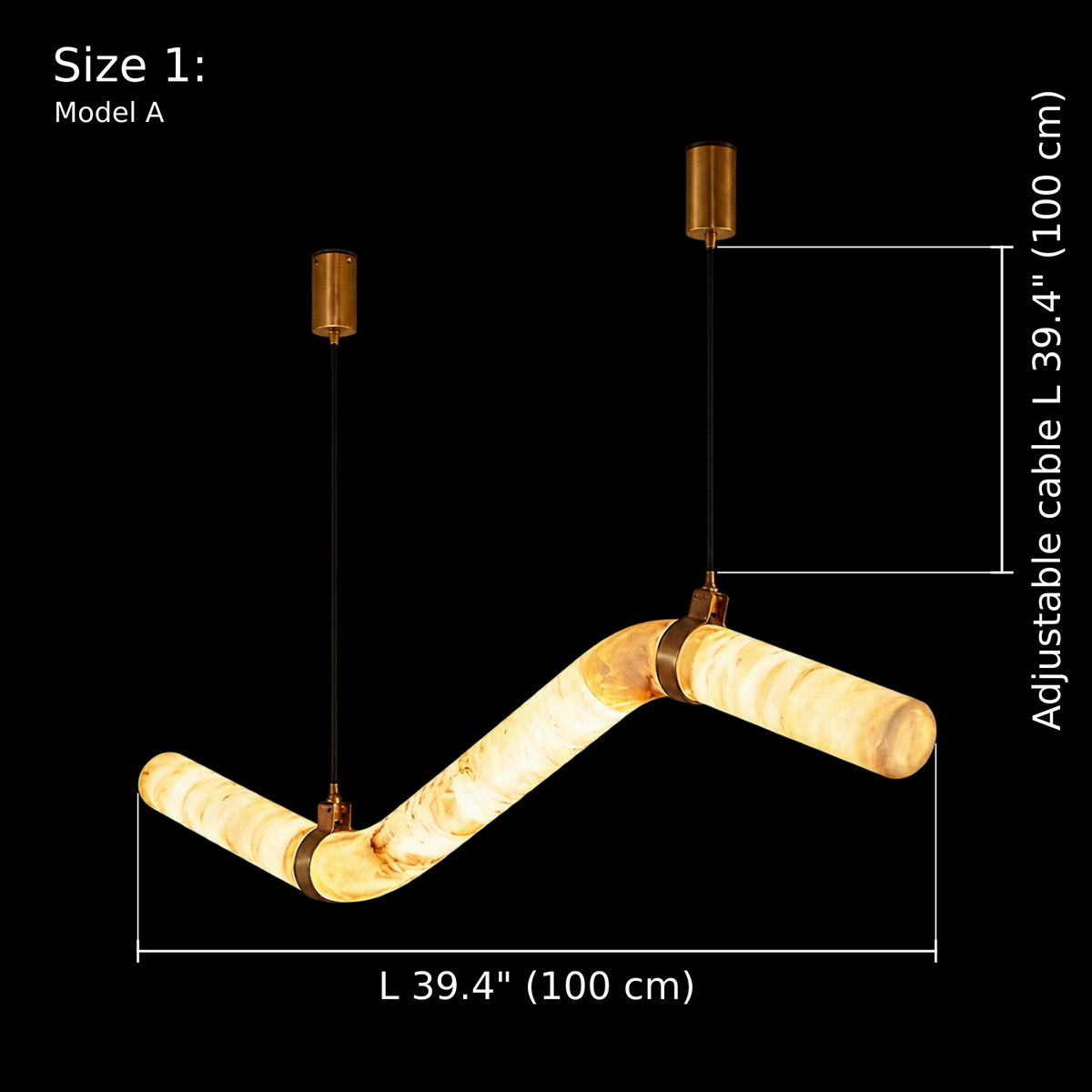 Model A, Size 1 dimension diagram of the Sorelle alabaster curved tube chandelier, L 39.4 inches (100 cm), adjustable cable length 39.4 inches (100 cm), two Gold cylindrical canopies and two suspension cables, Carra Home lighting. | CARRA HOME