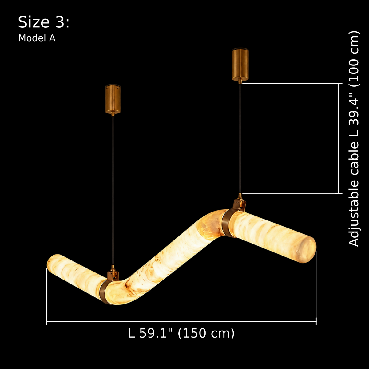 Model A, Size 3 dimension diagram of the Sorelle alabaster curved tube chandelier, L 59.1 inches (150 cm), adjustable cable length 39.4 inches (100 cm), two Gold cylindrical canopies and two suspension cables, Carra Home lighting. | CARRA HOME