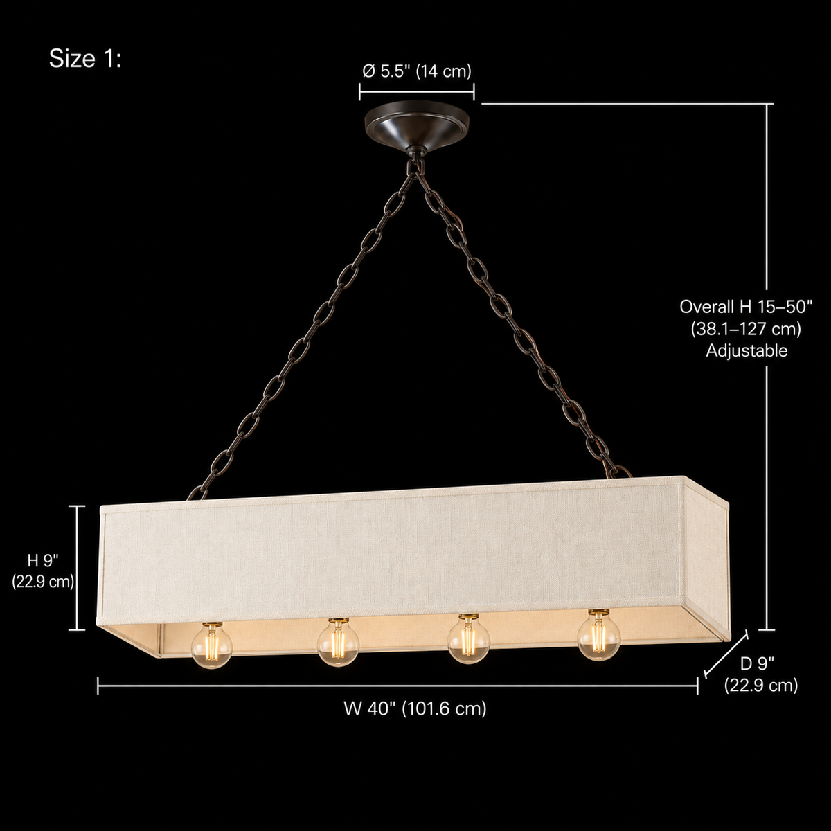 Stark Fabric Chain Linear Chandelier, cream linen, Size 1 photographic dimensions; W 40" (101.6 cm) × D 9" (22.9 cm) × H 9" (22.9 cm) | CARRA HOME