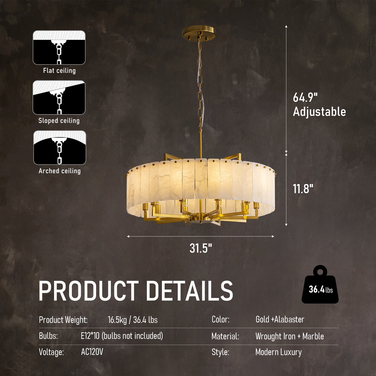 Dimensional product specification for a 36.4-inch round alabaster chandelier with adjustable height and ceiling compatibility. Carra Home-carra-home