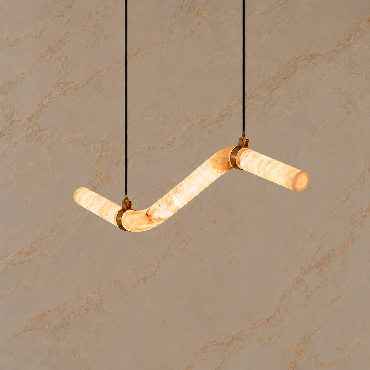 Sorelle Alabaster Curved Tube Chandelier, model a gold, compact suspension, light on | CARRA HOME