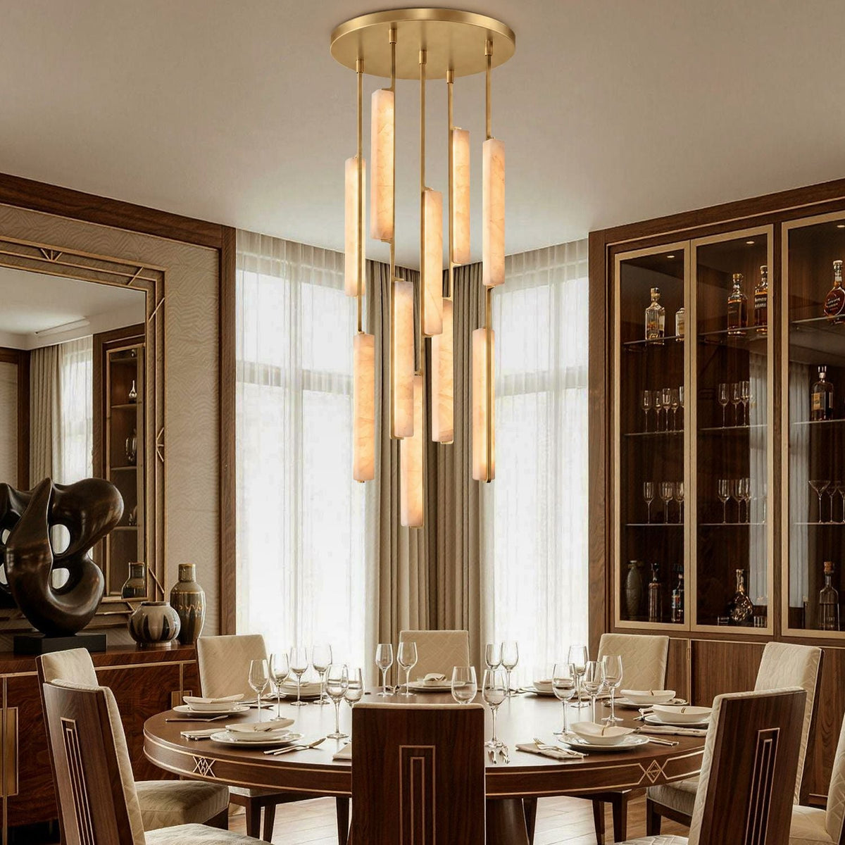 Stamen Alabaster Vertical Chandelier above a dining table