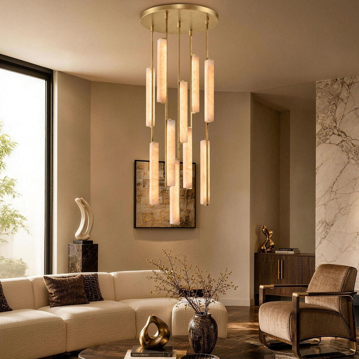Stamen Alabaster Vertical Chandelier in a living room