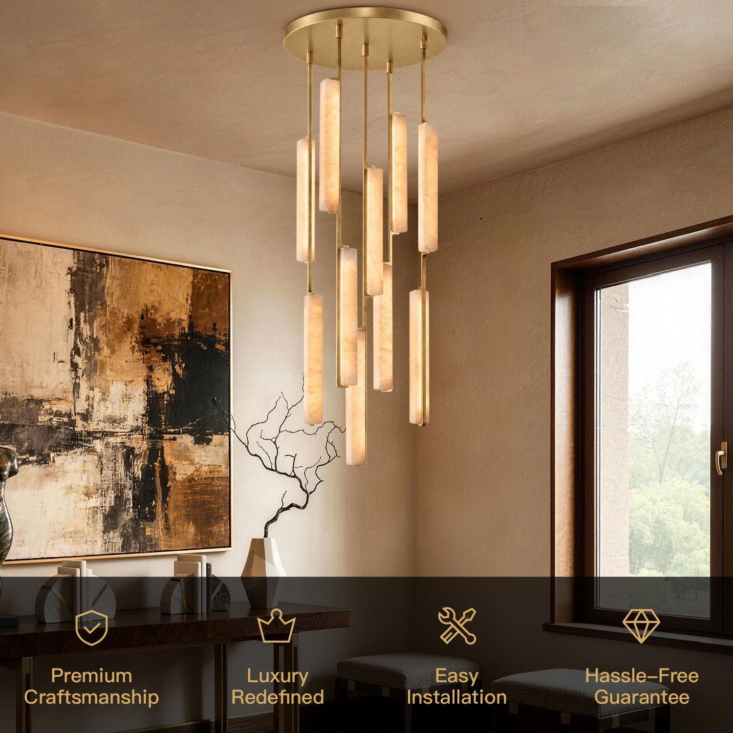 Stamen Modern Minimalist Alabaster Vertical Chandelier key features: Premium Craftsmanship, Luxury Redefined, Easy Installation, Hassle-Free Guarantee — displayed over a dining table with warm ambient lighting-carra-home