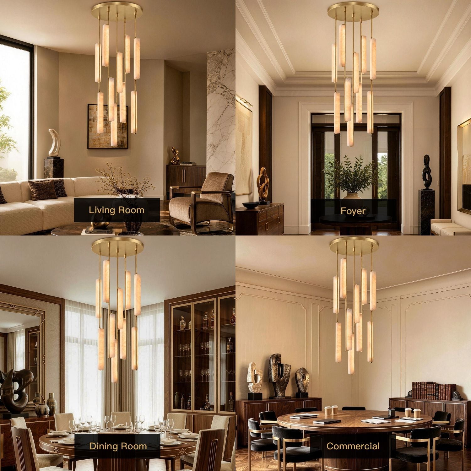 Stamen Modern Minimalist Alabaster Vertical Chandelier in 4 home/commercial scenes: Living Room (beige sofa), Foyer (entryway with art), Dining Room (wooden table), Commercial (conference room)-carra-home