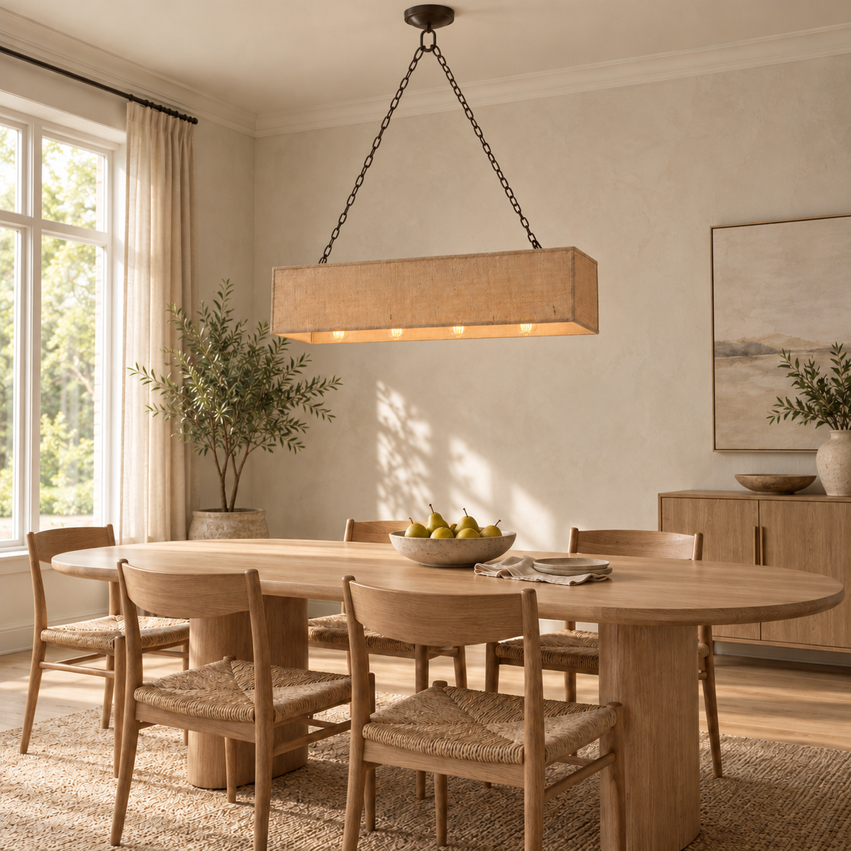 Stark bronze and natural burlap chandelier above a pale oak dining table | CARRA HOME