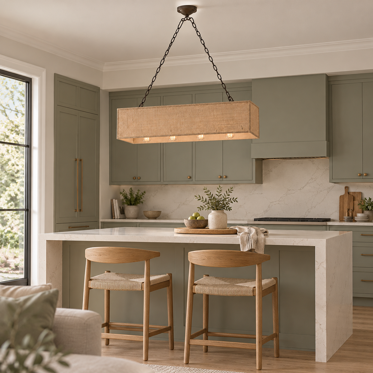 Stark bronze and natural burlap chandelier above a sage kitchen island | CARRA HOME